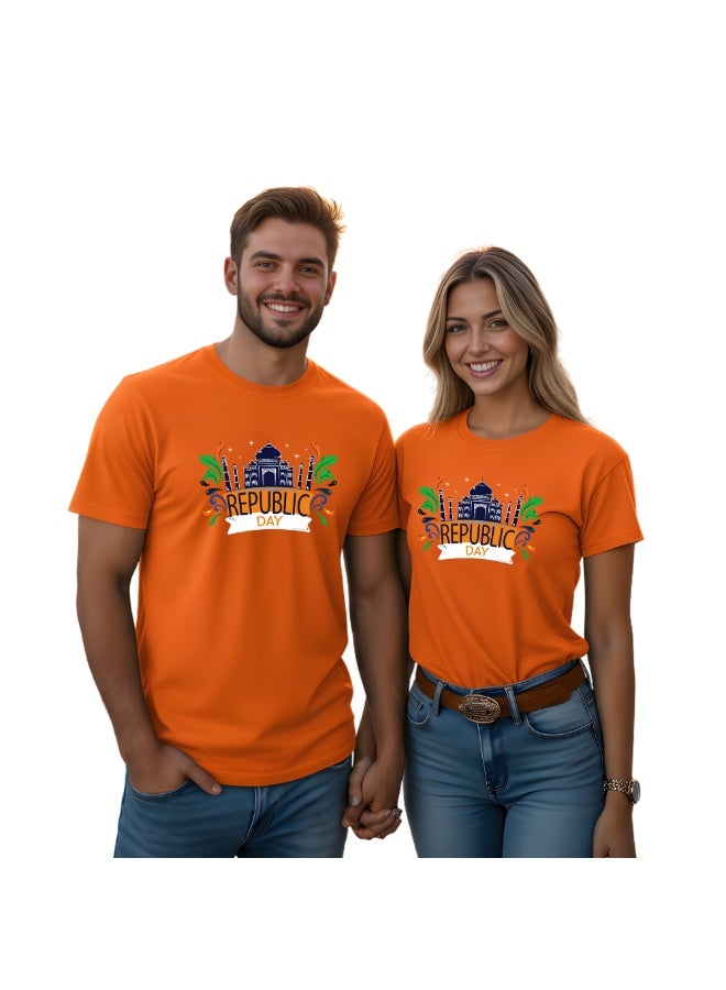 PRINTSHOP4ME India T-shirt for celebrating 74th Republic Day of 2023 Design Printed Unisex Short Sleeve Round Neck T-shirt Orange (Design 1) - Image 1